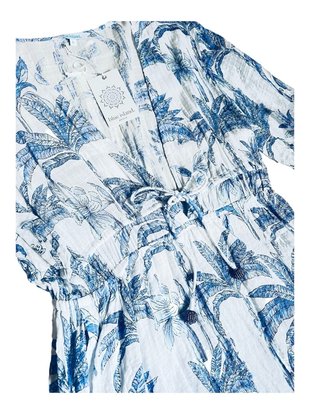 Blue Island Beach, Blue & White Tropical Print Swim Coverup, size Large - Picture 3 of 7